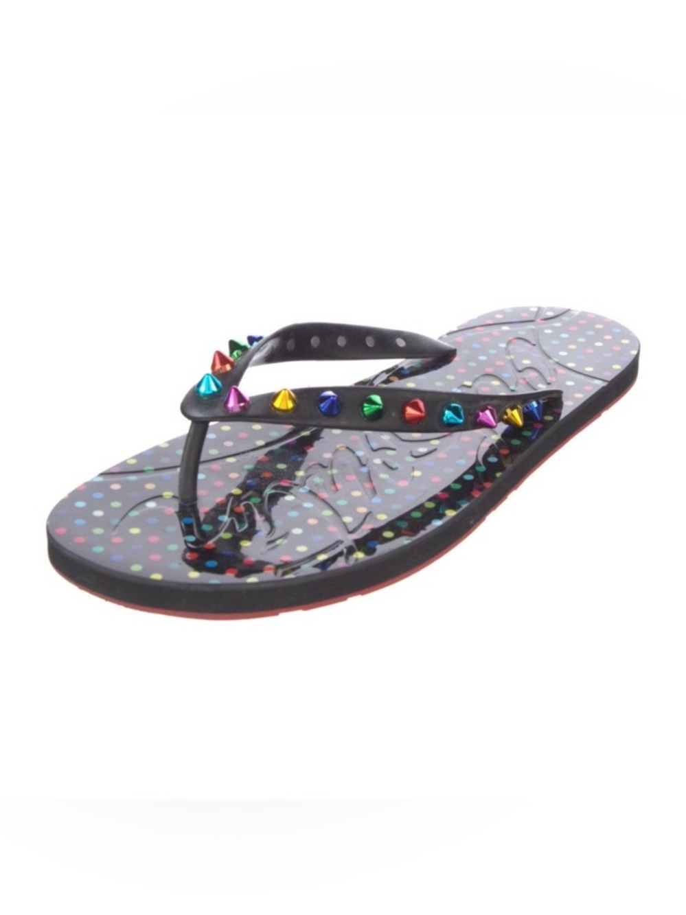 Christian Louboutin Studded Black with Multicolored Spike Flip Flops - Picture 2 of 5